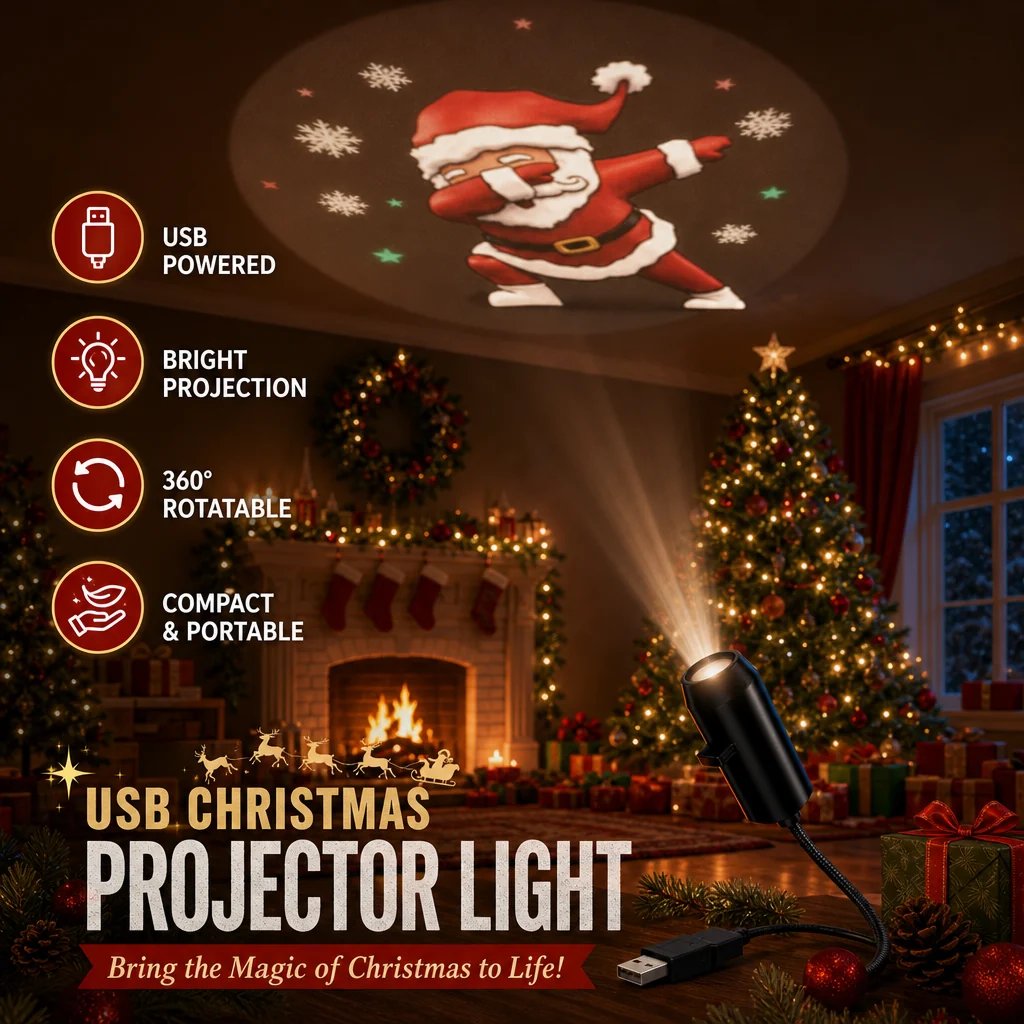 USB Christmas projection light in a festive room