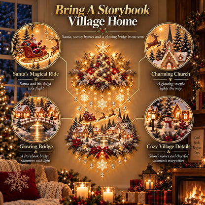 Christmas wall hanging with Santa sleigh church bridge and village details