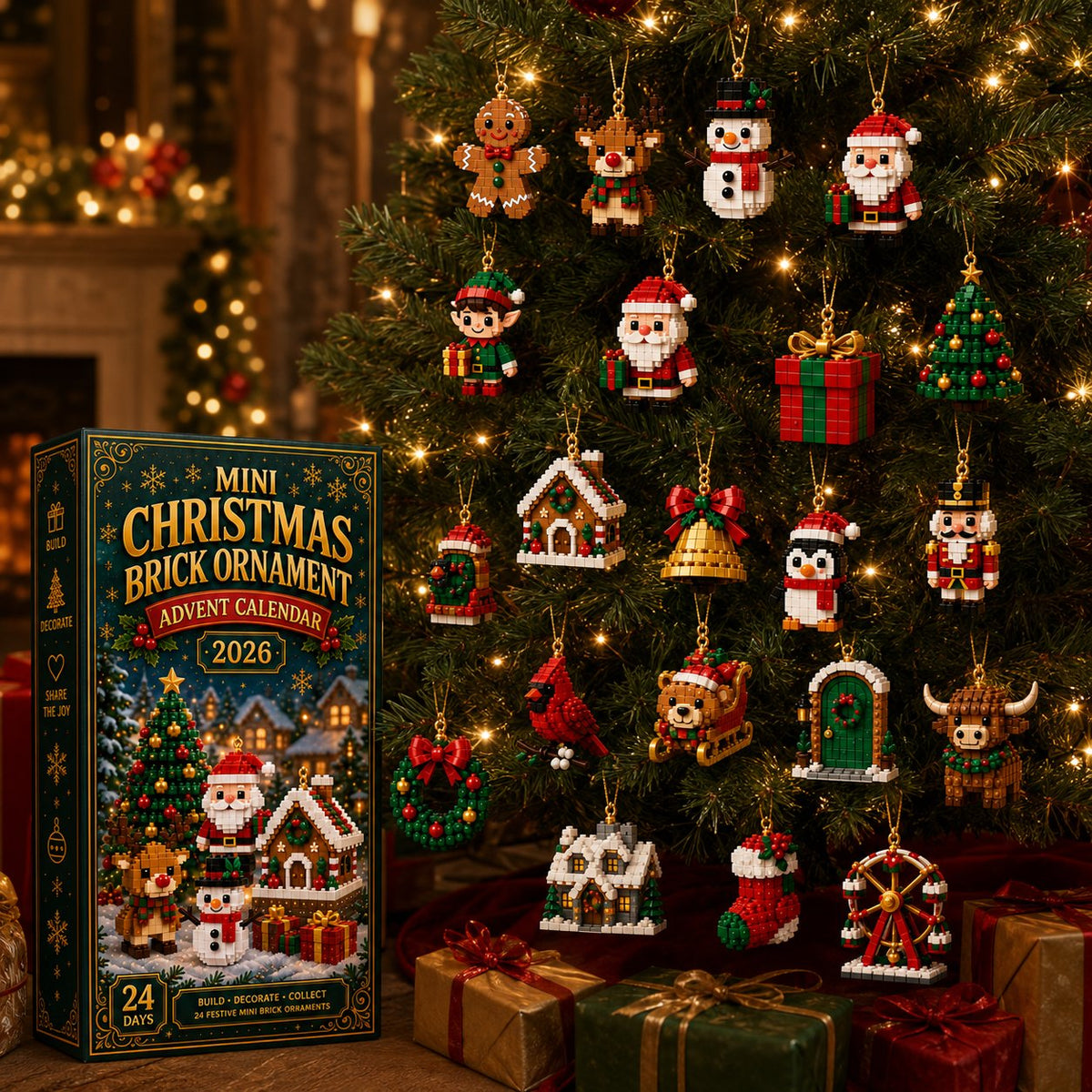 Festive mini brick ornaments with hanging loops