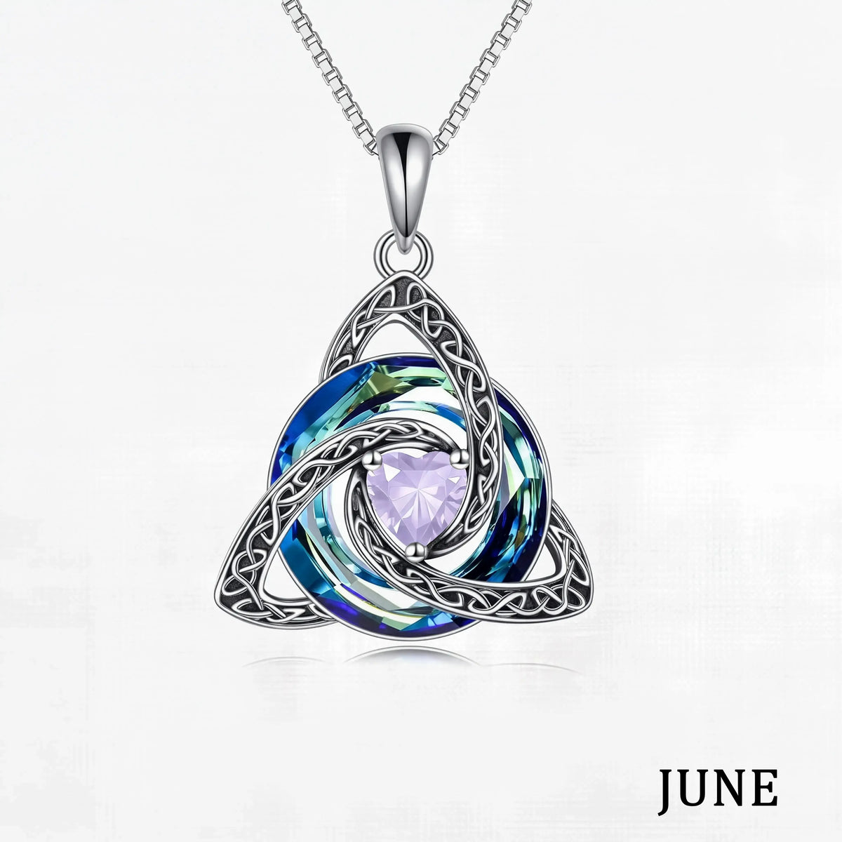 June birthstone Celtic knot necklace with white gift box