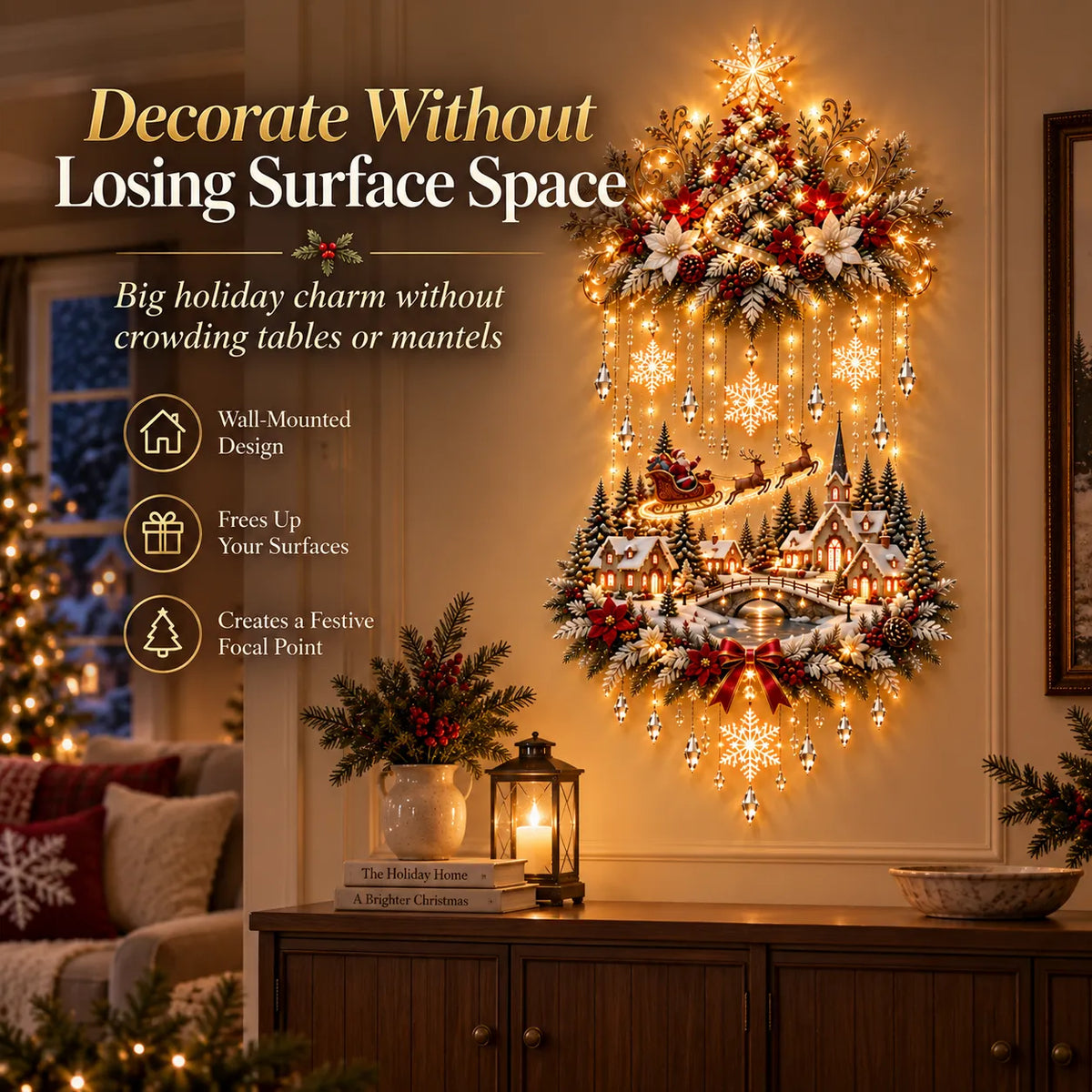 Vertical Christmas wall hanging that keeps surfaces clear