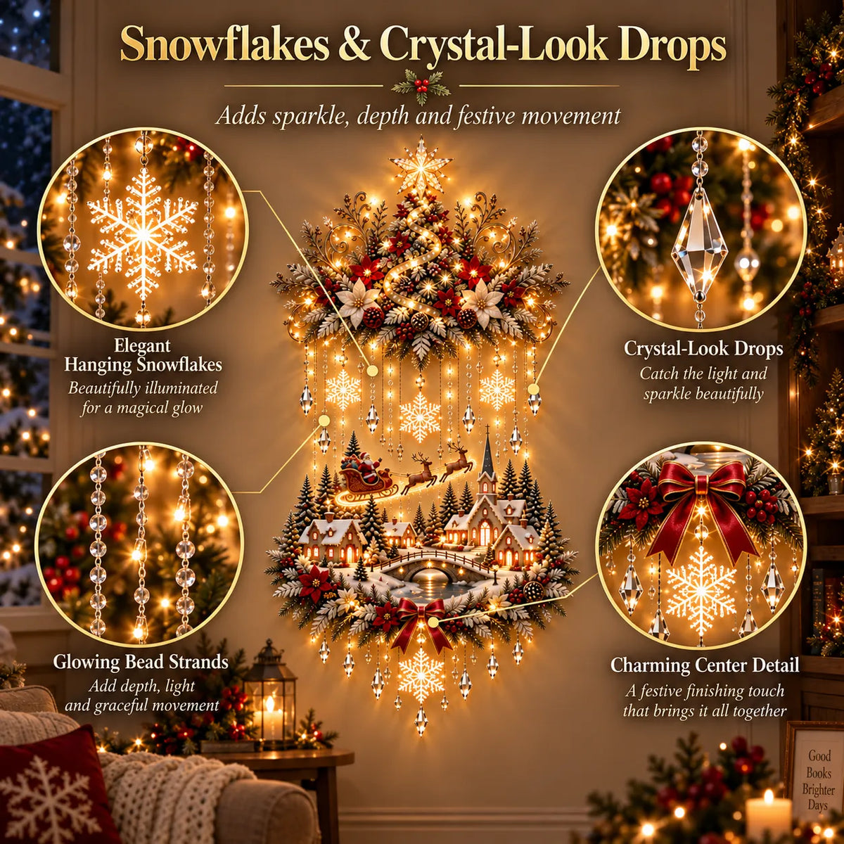 Christmas wall decor with snowflakes and crystal-look hanging drops